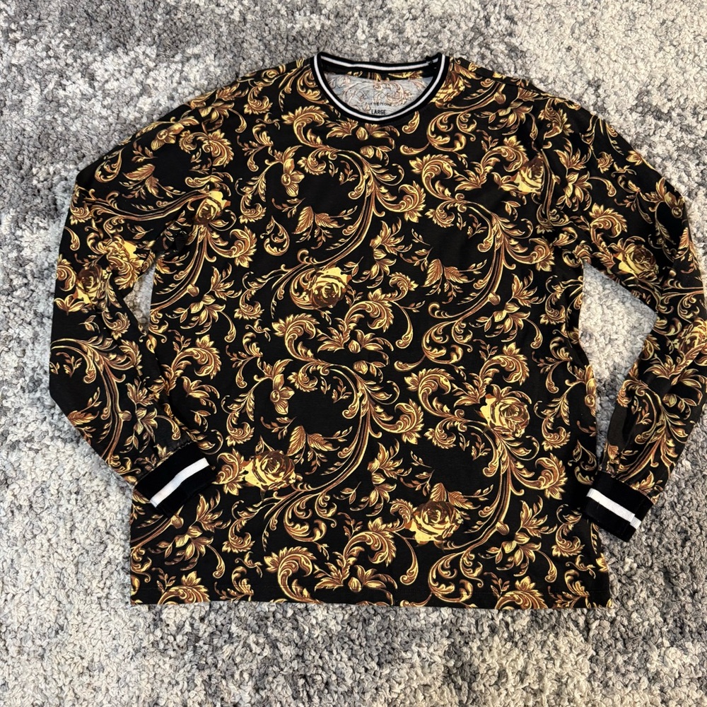 For The People, Men’s Damask Print Long Sleeve Shirt in Black and Gold, Large